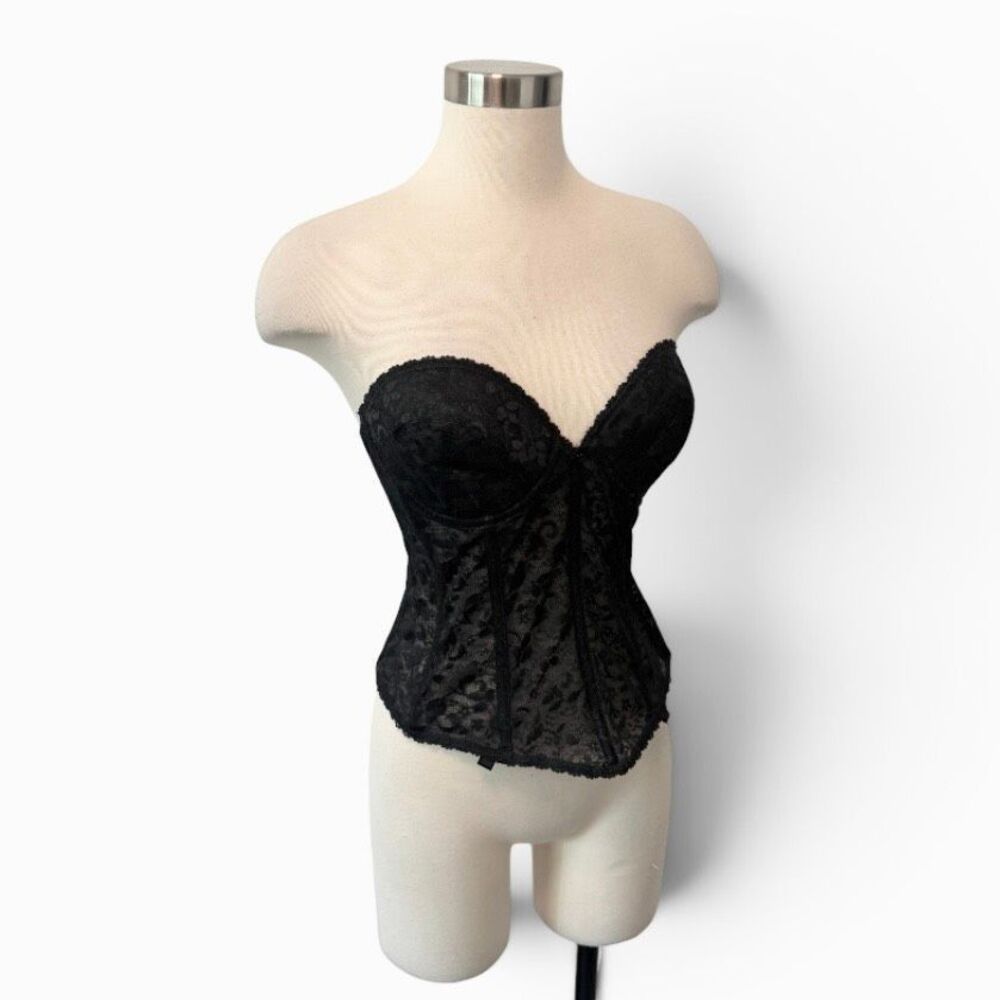 Carnival Black Longline Bra Corset 36C Scallop  Garter Strapless Lace Padded